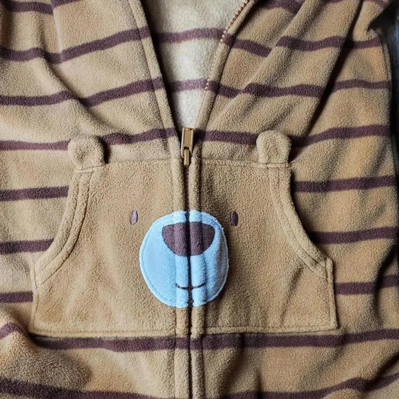 Just One You Carter's 12m Brown Striped Fleece Bear Jumpsuit Coverall Romper - Picture 5 of 12